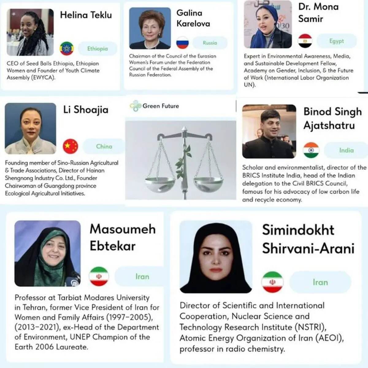 حضور دو بانوی ایرانی در جمع هیئت داوران اولین جایزه محیط زیست زنان کشورهای عضو بریکس حضور دو بانوی ایرانی در جمع هیئت داوران اولین جایزه محیط زیست زنان کشورهای عضو بریکس