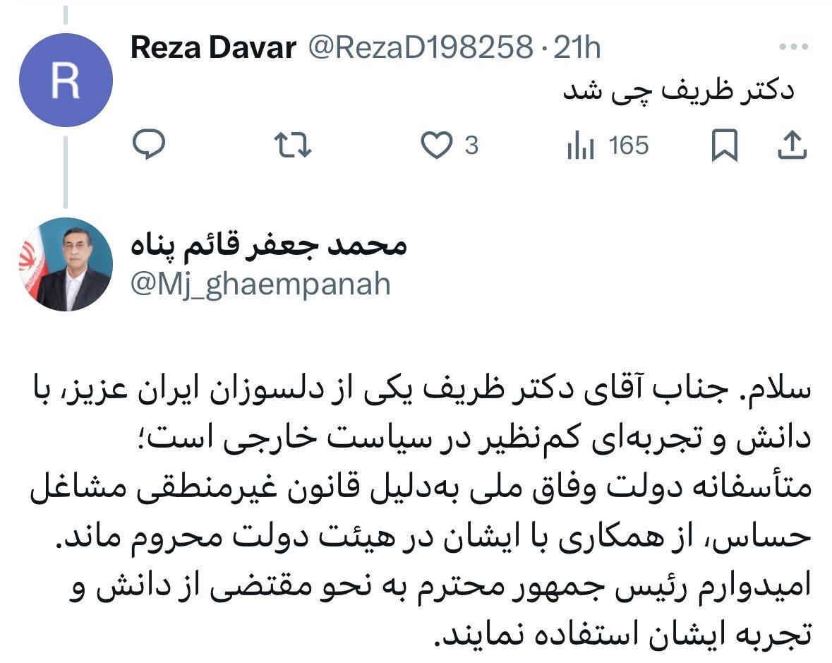 دولت به دلیل قانون غیرمنطقی مشاغل حساس، از همکاری با دکتر ظریف محروم شد دولت به دلیل قانون غیرمنطقی مشاغل حساس، از همکاری با دکتر ظریف محروم شد