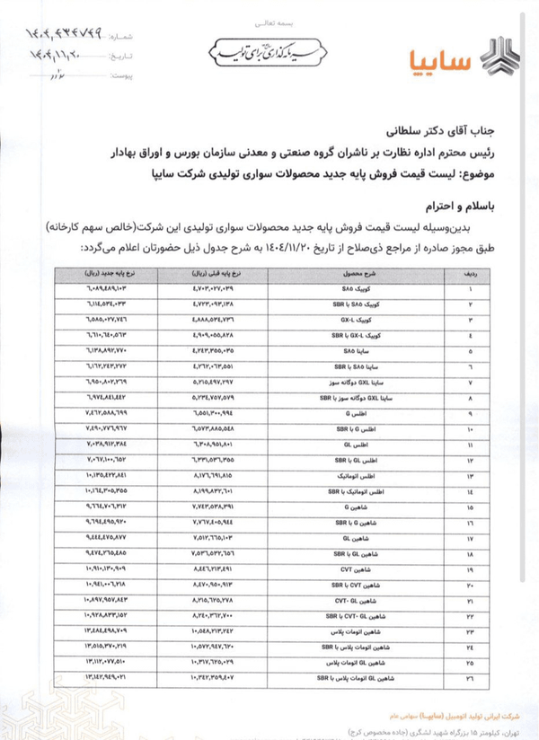 سایپا قیمت جدید محصولاتش را اعلام کرد + جدول