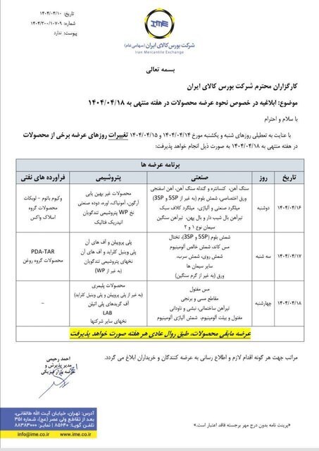 نحوه عرضه محصولات در بورس کالا برای هفته آینده ابلاغ شد