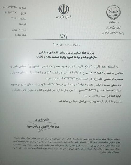 قیمت خرید تضمینی گندم تعیین شد