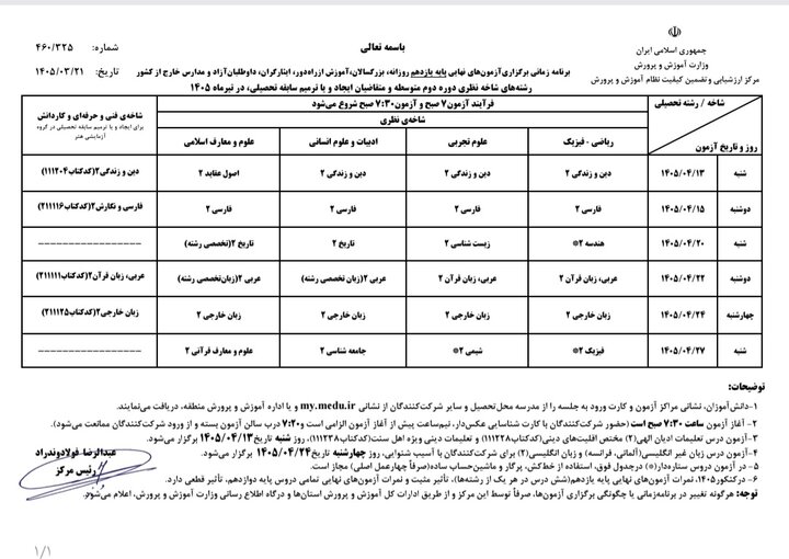 برنامه امتحانات نهایی دانش آموزان یازدهم و دوازدهم منتشر شد برنامه امتحانات نهایی دانش آموزان یازدهم و دوازدهم منتشر شد