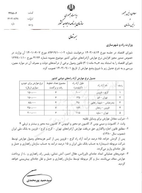 نرخ عوارض آزادراه‌ دولتی